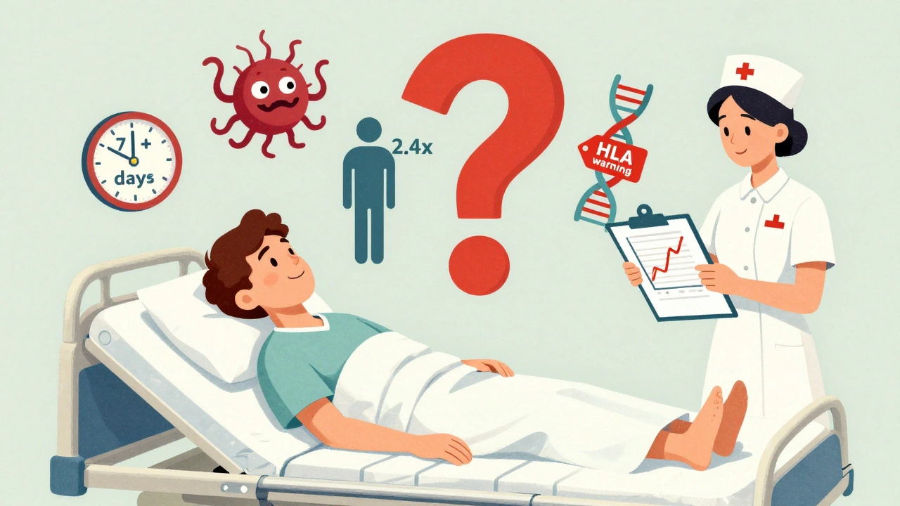 ICU patient with floating risk icons: time, sepsis, gender, and DNA warning signs.