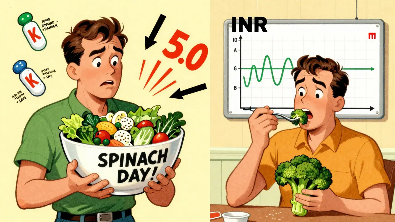 Man with spiked INR meter beside calm version eating same broccoli portion daily