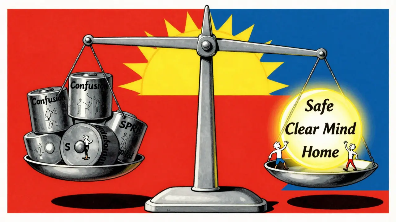 Medical scale tipping between risky SSRIs and safer antidepressants in vintage poster style