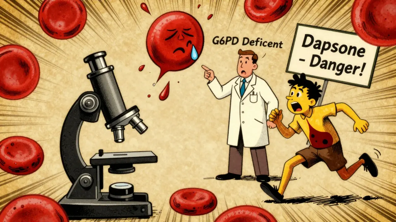 Microscope view of bursting red blood cells with a warning sign for dapsone, patient showing jaundice.