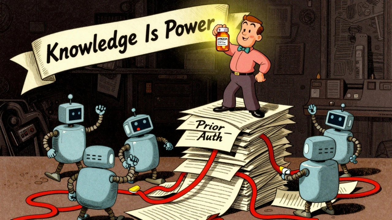 Patient standing on pile of rejected forms holding approved pill bottle, cartoon bureaucrats tangled in red tape.