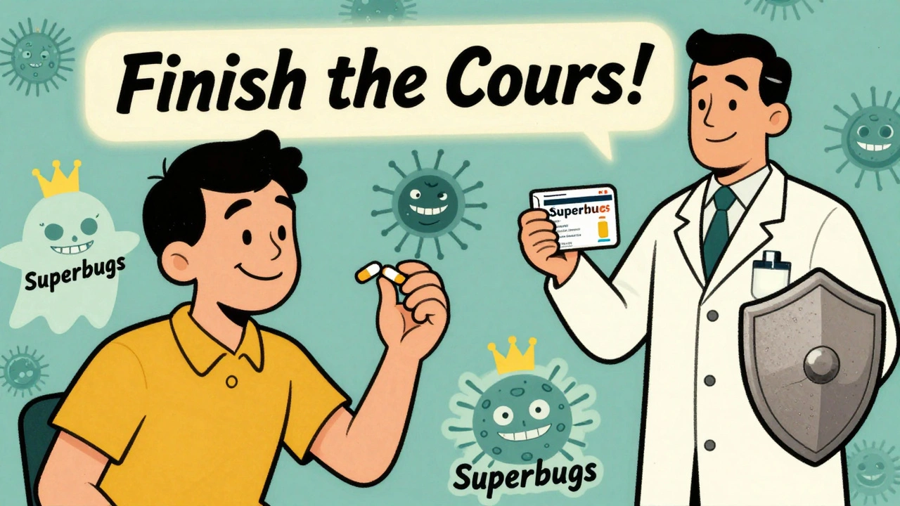 Patient throwing away antibiotics as dangerous bacteria grow, contrasted with a pharmacist holding the full course.