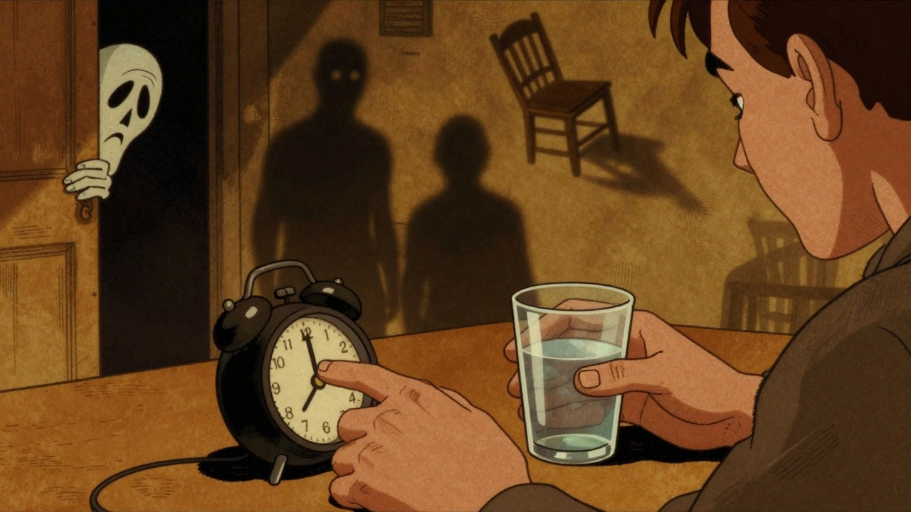 Person taking midnight dose of sodium oxybate with sleep paralysis shadows nearby.