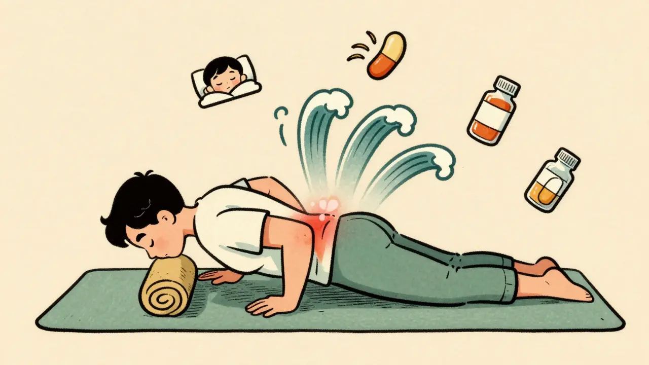 Person transitioning from hunched posture to relaxed cat-cow yoga pose with a towel prop and relief waves.