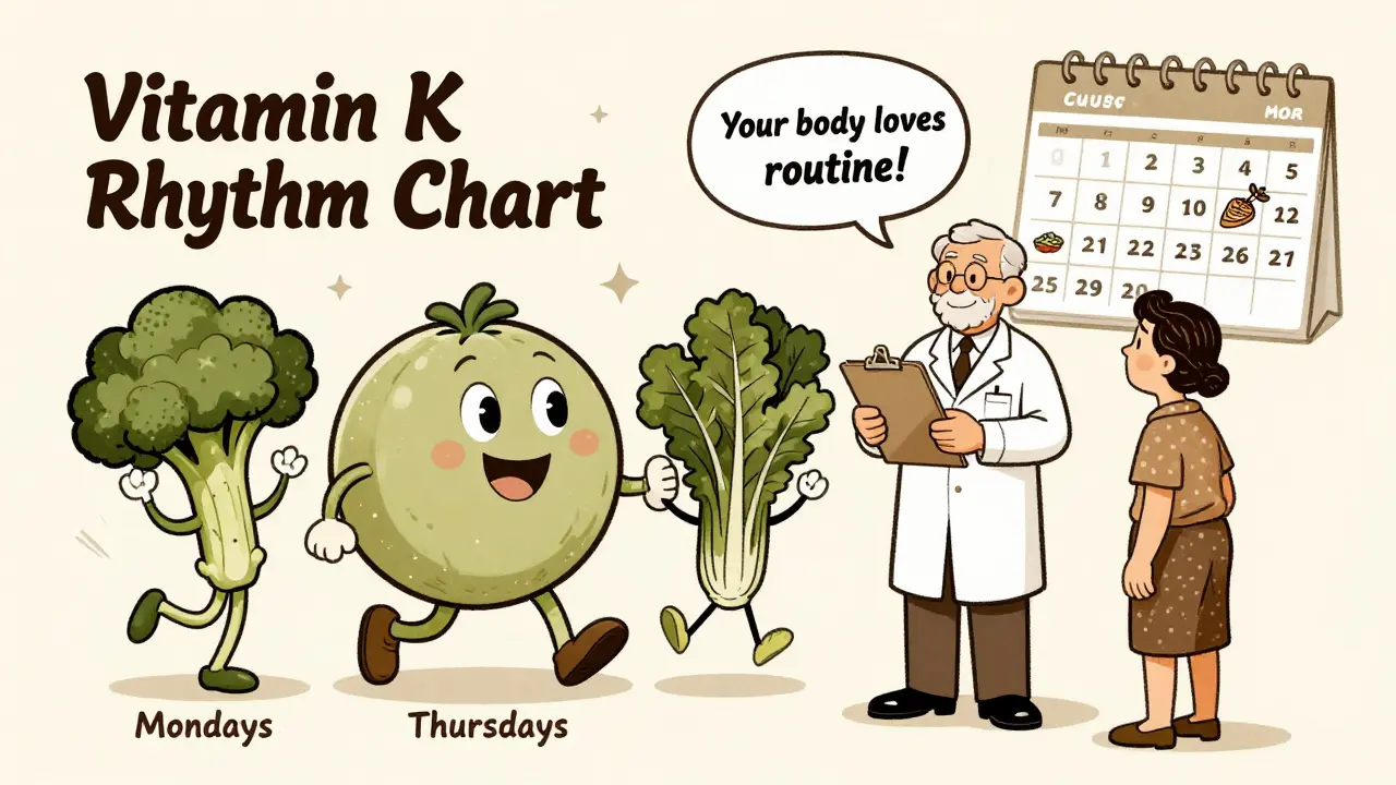 Pharmacist and patient beside dancing vegetable chart labeled 'Vitamin K Rhythm'