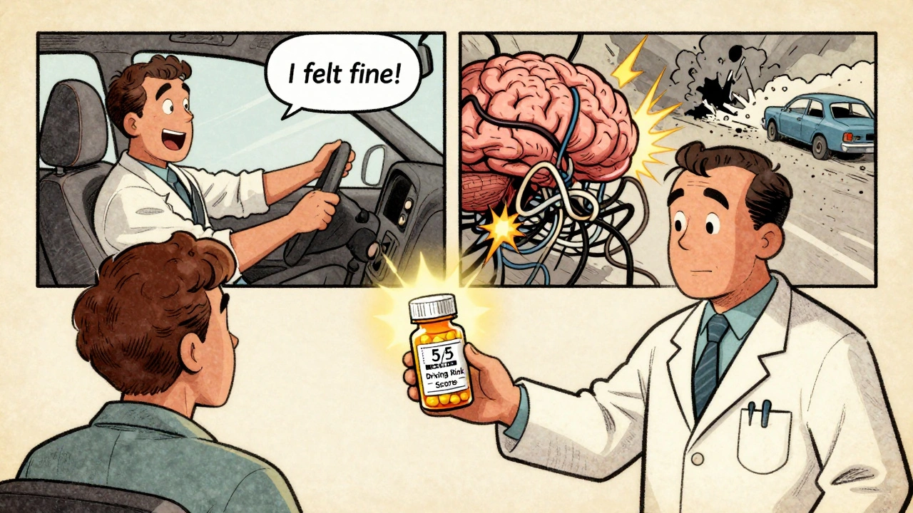 Pharmacist hands patient a high-risk medication bottle while comic panels show dangerous driving consequences.
