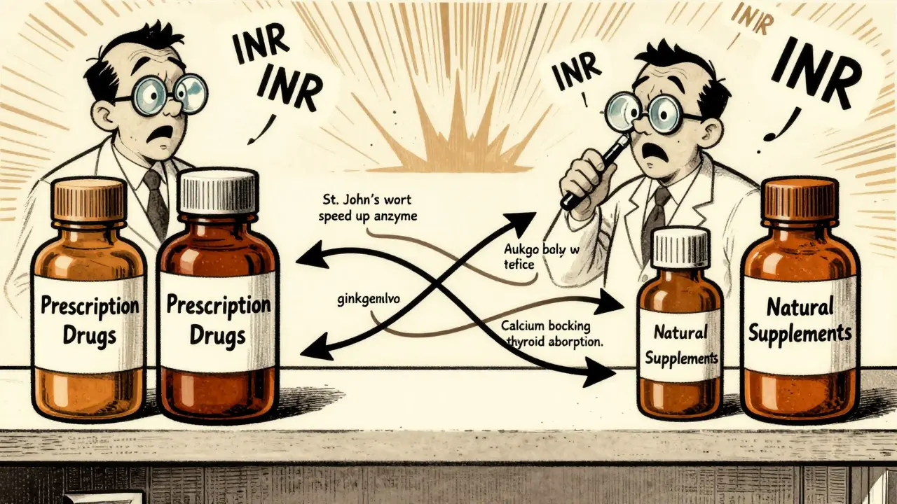 Pharmacy shelf with arrows showing dangerous interactions between prescription drugs and supplements in 1940s cartoon style.