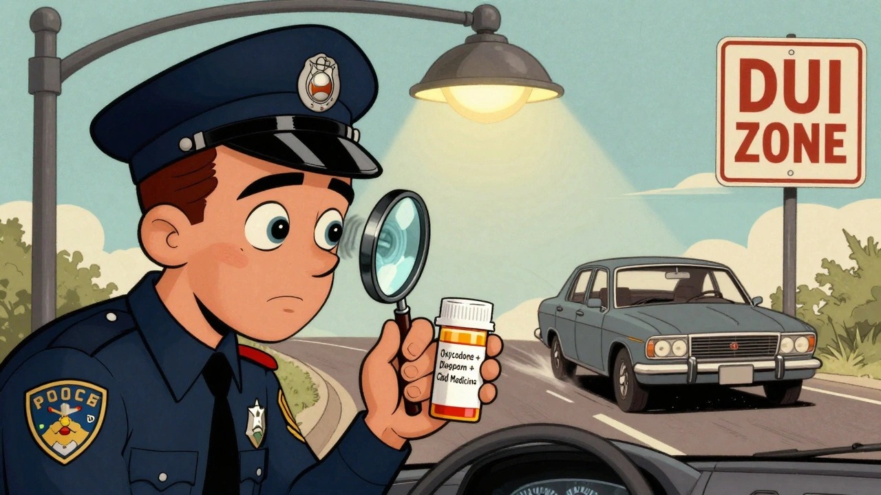 Police officer checks driver&#039;s eyes under streetlight as pills and blurred vision effects swirl around the car.