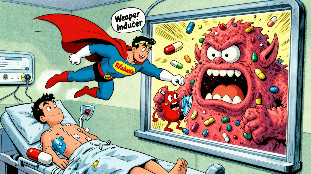 Rifabutin superhero rescuing a patient from a pill monster, with omeprazole sidekicks blocking bacterial pumps.
