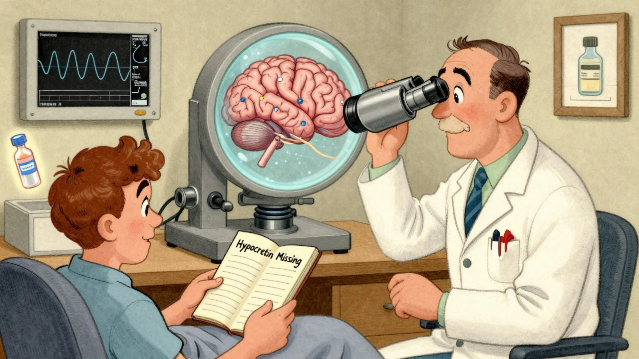 Sleep specialist office with brain neurons and sodium oxybate vial in vintage cartoon style.