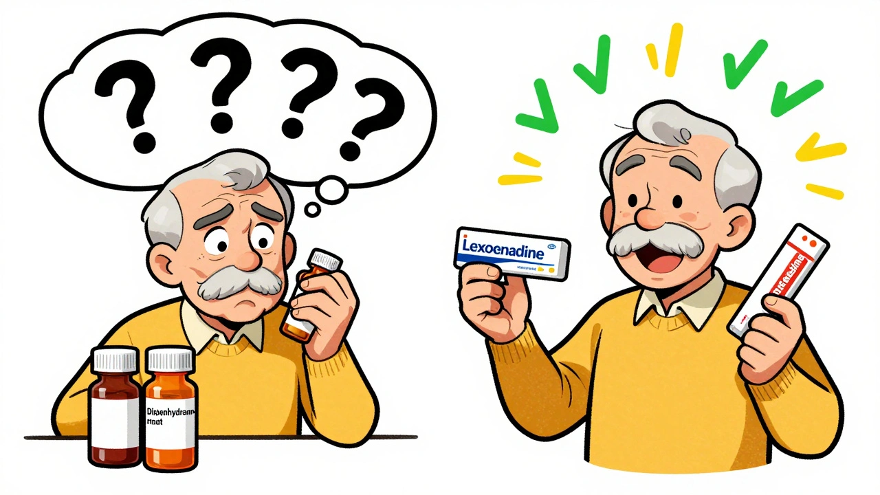 Split scene: confused patient with dangerous meds vs. happy patient with safe alternatives in retro cartoon style.