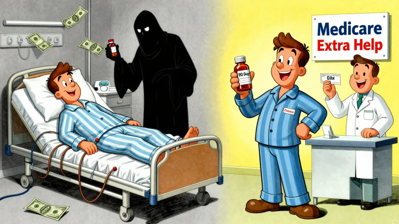 Split scene: hospitalization vs. relief through affordable medication help.