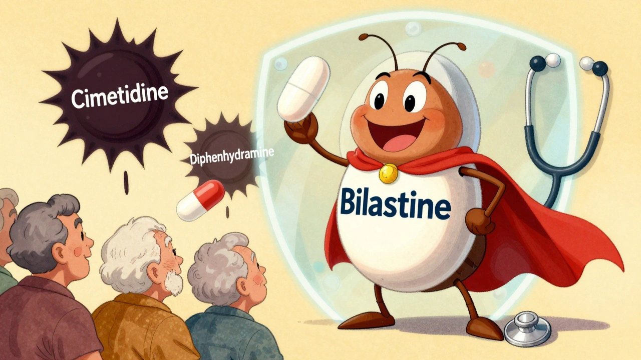 Superhero antihistamine protecting seniors from dangerous drugs in vintage comic style.