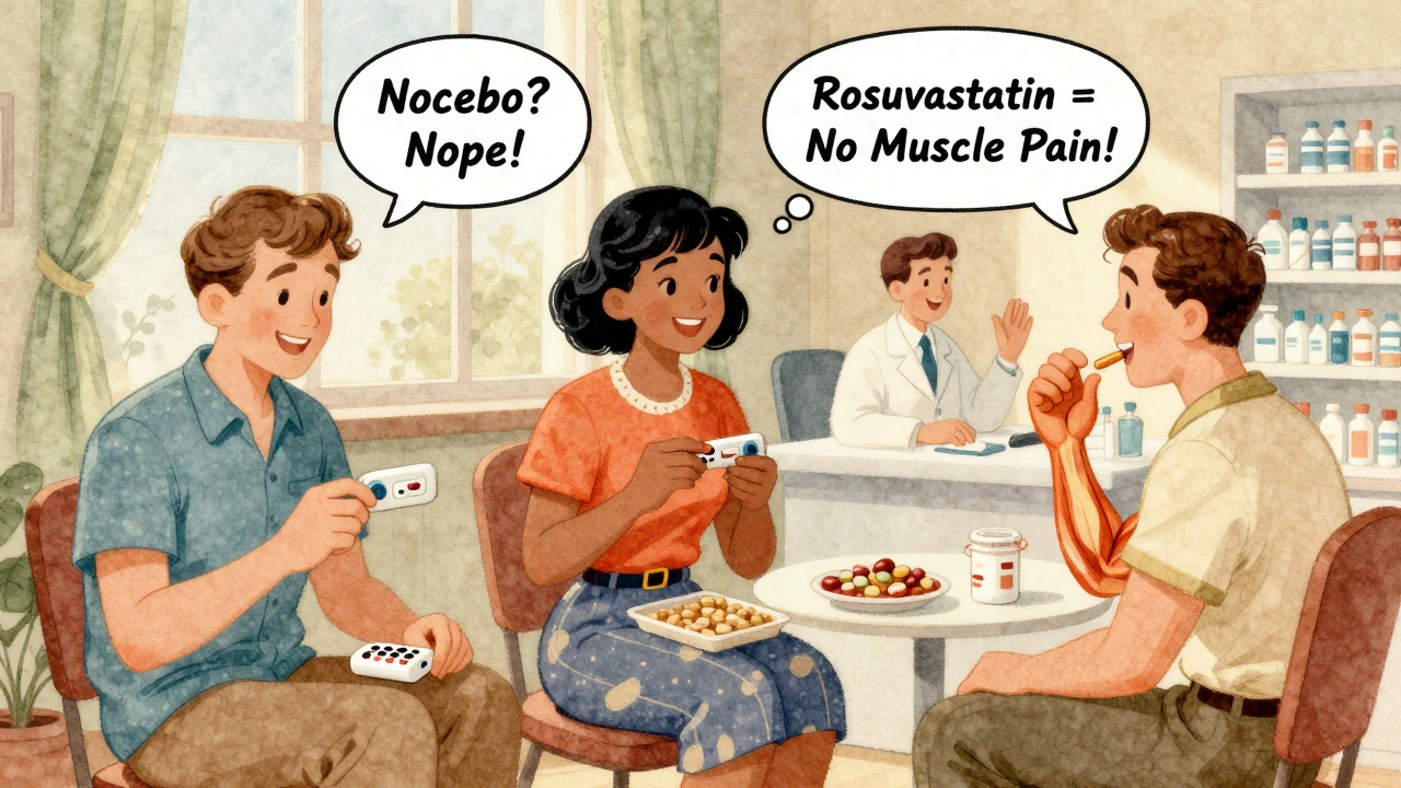 Three people managing meds successfully with pharmacist help, using trackers and snacks, in vintage cartoon style.