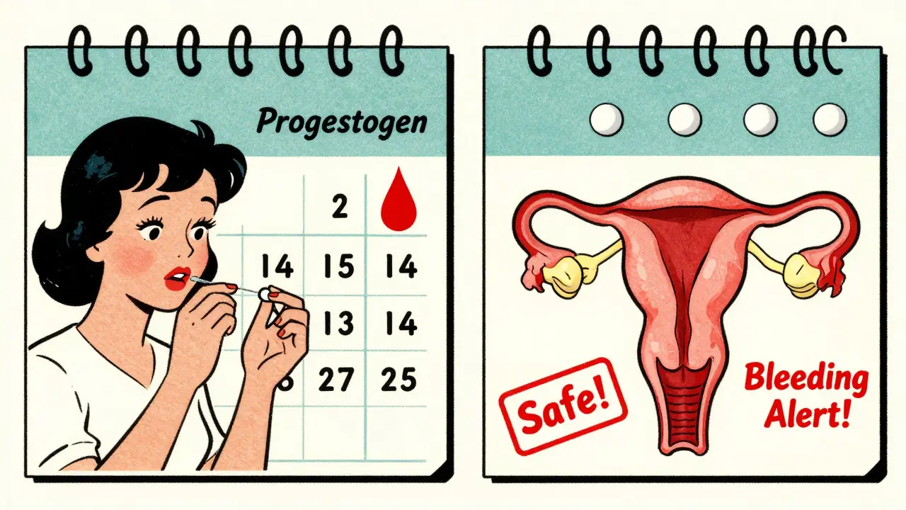 Two cartoon calendars show monthly bleeding with sequential HRT versus no bleeding with continuous HRT.