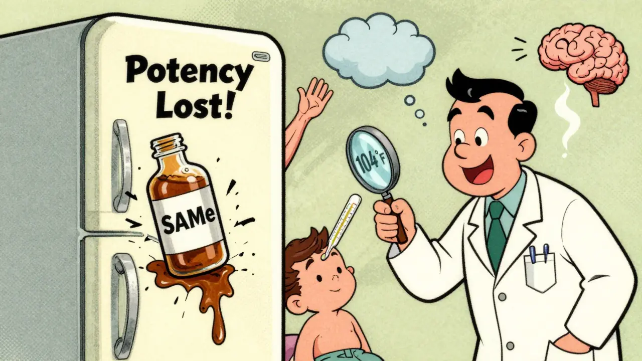 A broken SAMe bottle leaking in a fridge, with a doctor checking a patient's high fever and twitching symptoms.