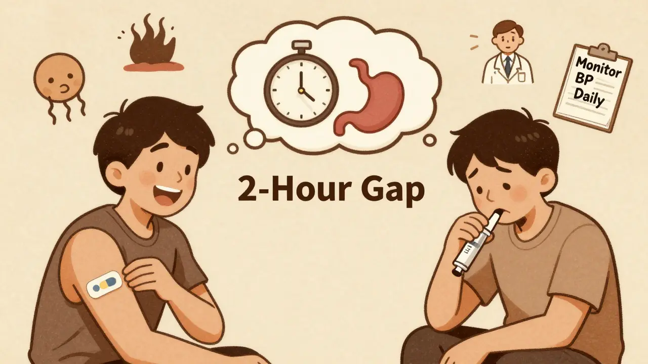 A patient's thought bubble shows the safe use of an antidepressant patch versus oral meds with a 2-hour gap for weight loss drugs.