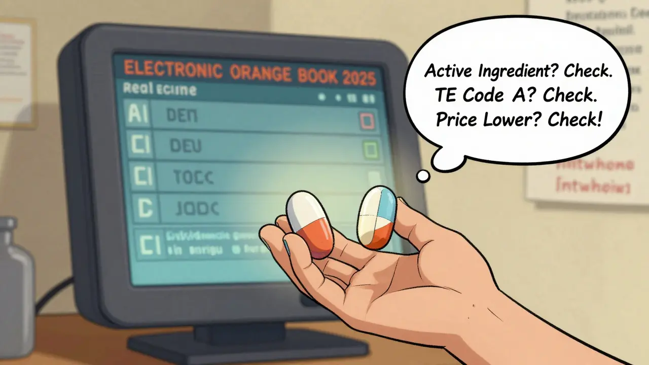 A patient compares pills while a digital Orange Book screen shows real-time drug data with a checklist in their thought bubble.