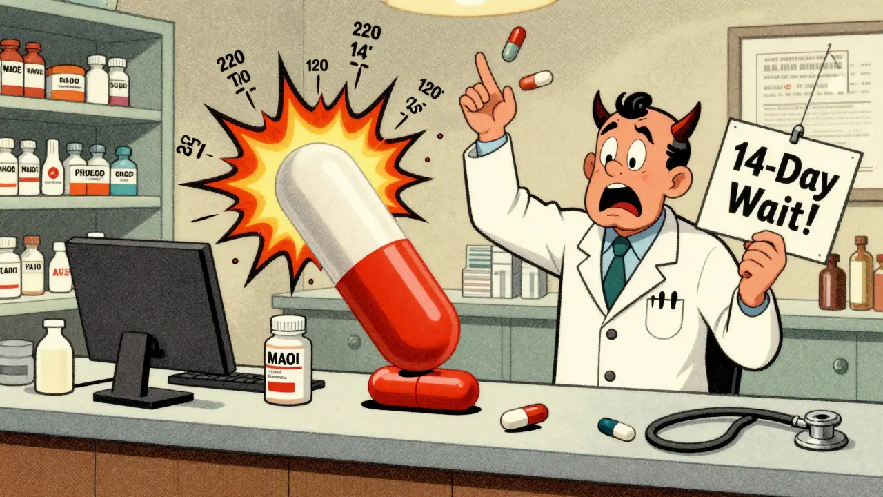 A phentermine pill causes a dangerous blood pressure spike when combined with an MAOI antidepressant in a chaotic pharmacy scene.