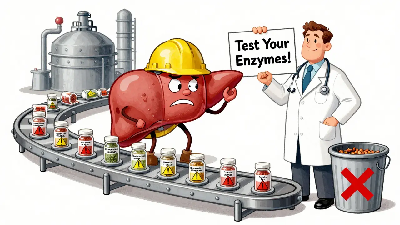 A stressed liver worker overwhelmed by herbal supplements, shown in vintage cartoon illustration.