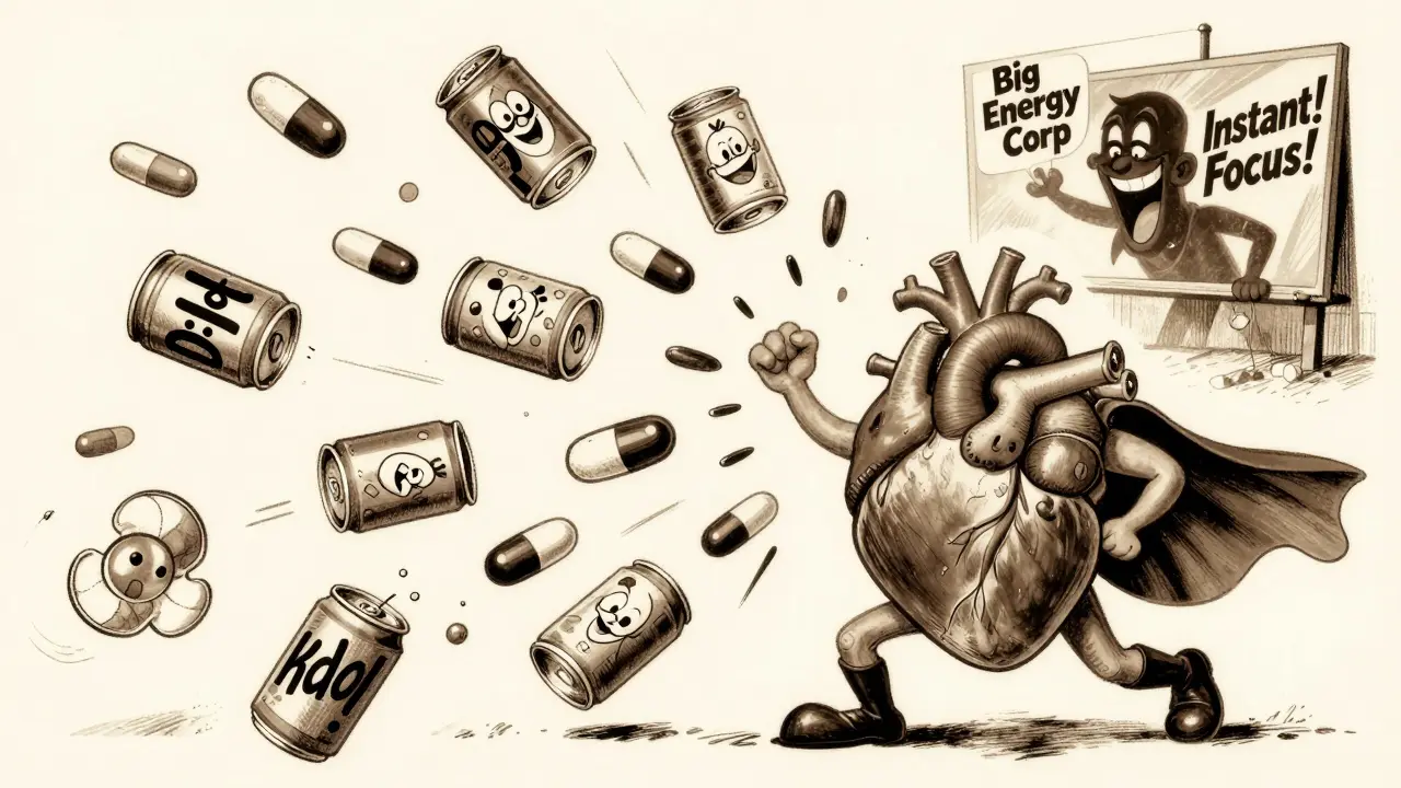A superhero heart under attack by energy drinks and pills, with a villainous corporation in background.