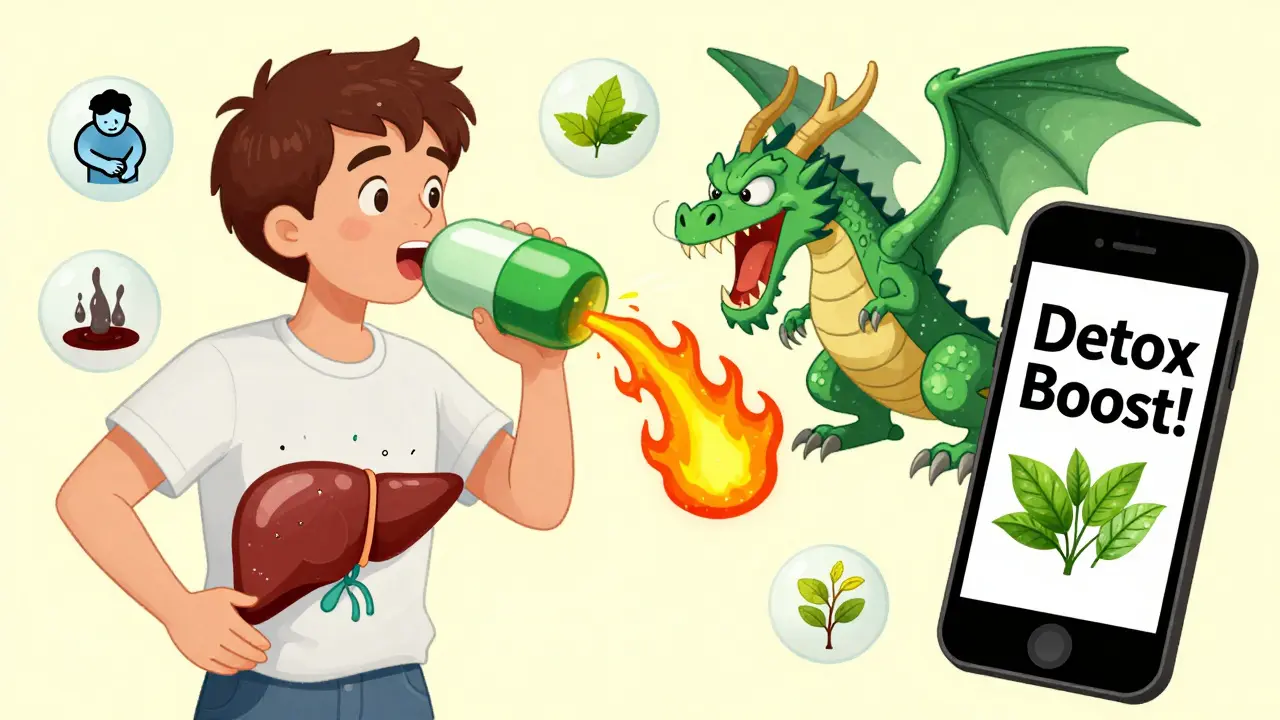 A young person swallowing a green tea pill that turns into a dragon attacking their liver, in retro cartoon style.