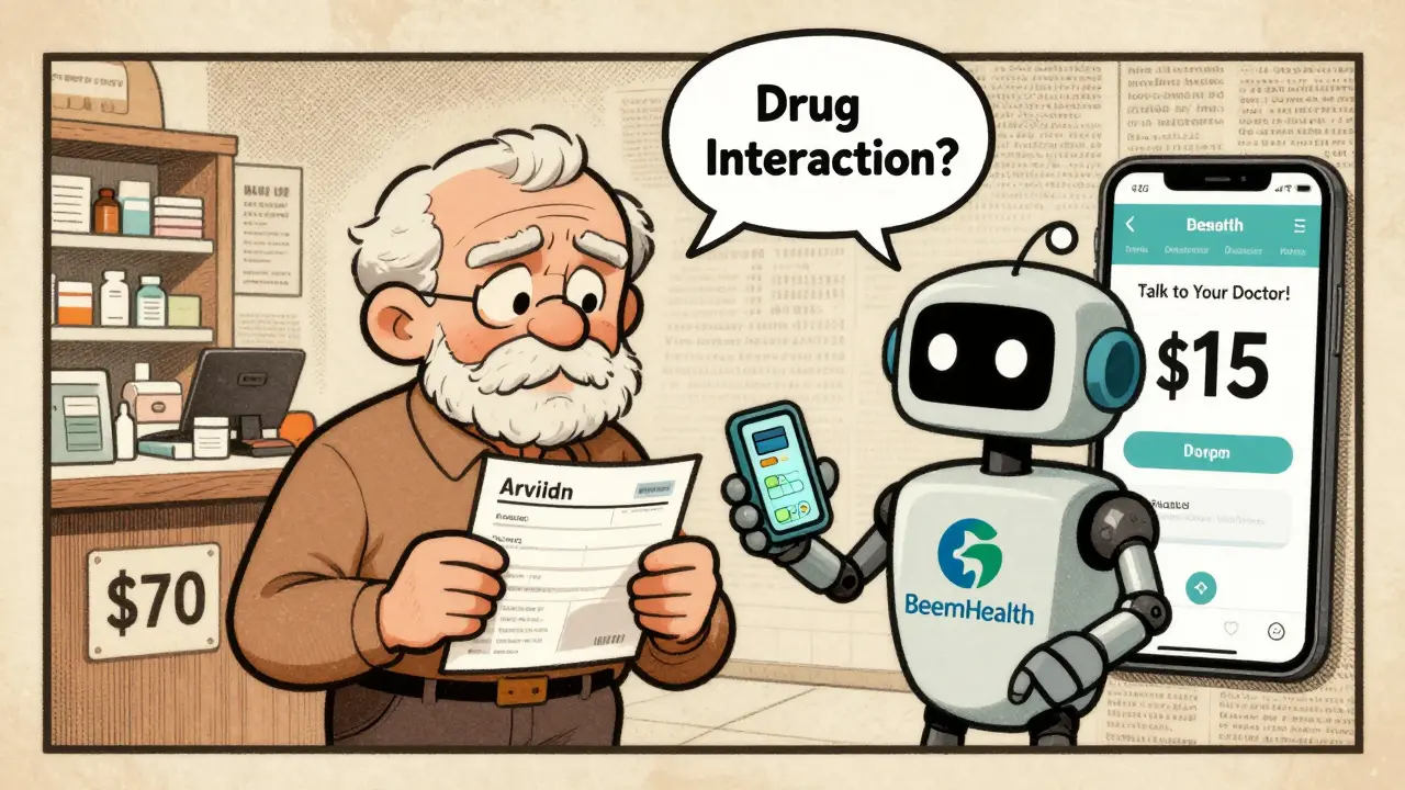 An elderly person being helped by a Beem Health robot, with split scenes showing high vs. low drug prices.