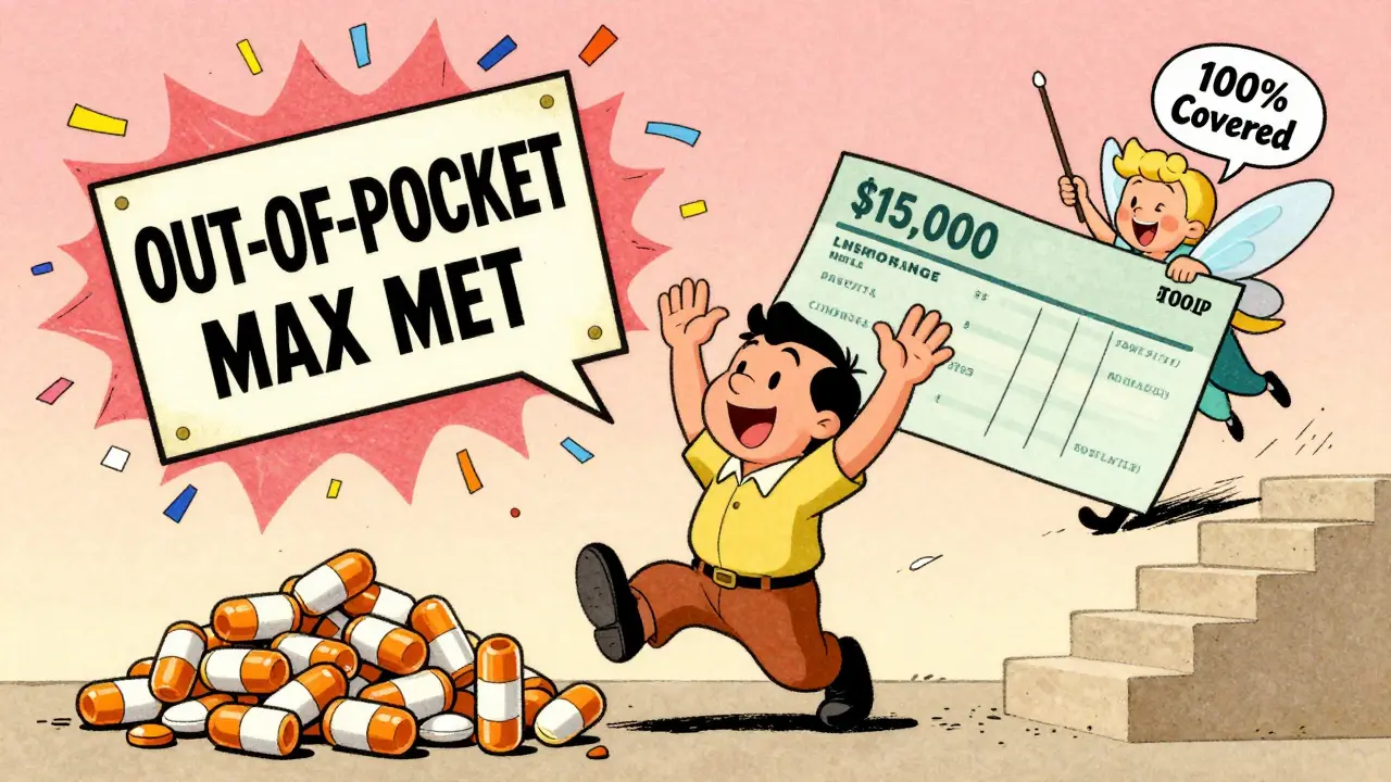 Celebration as out-of-pocket max is met and insurance covers a big bill, in retro cartoon style.