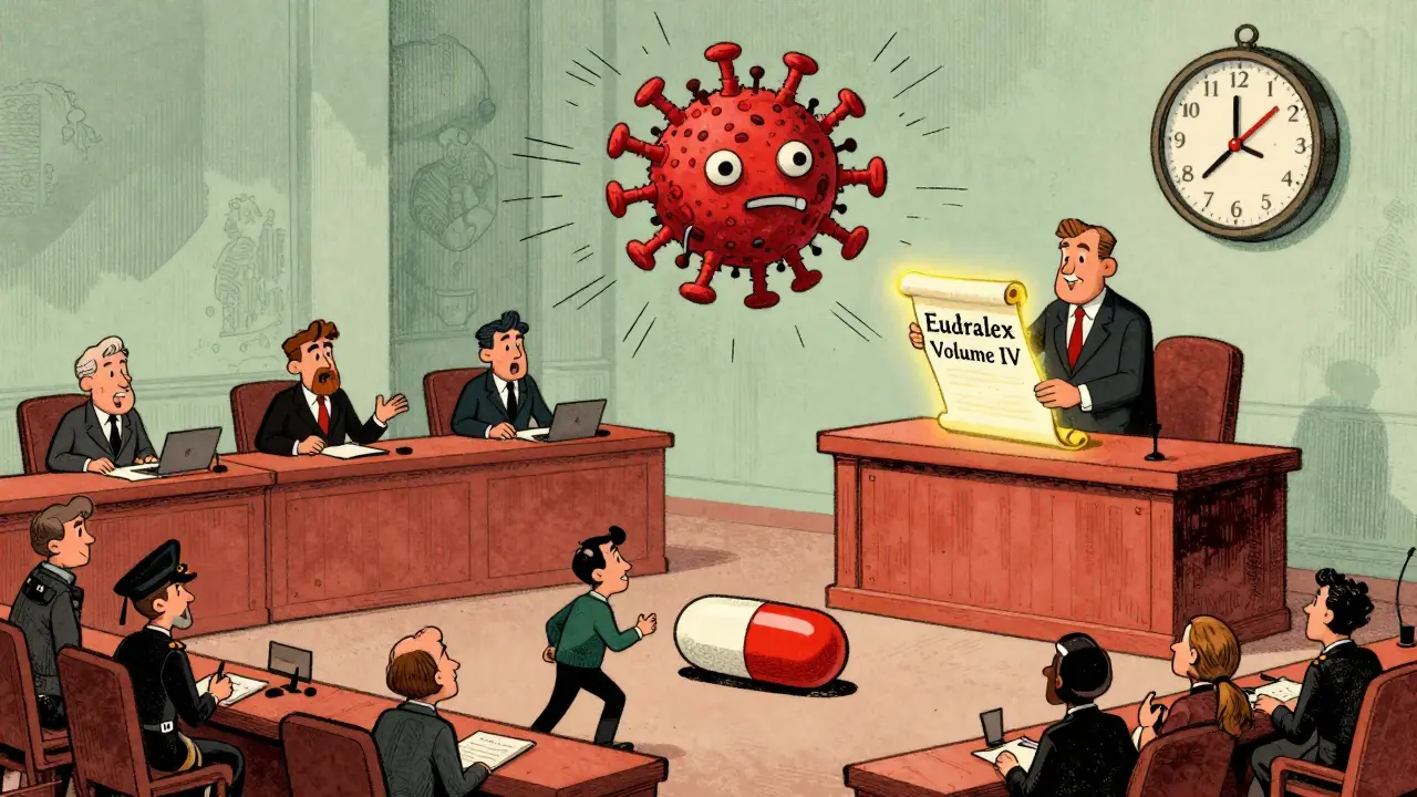 Chaotic EU courtroom with 27 regulators arguing over a pill, EMA judge holding legal scroll, clock ticking.