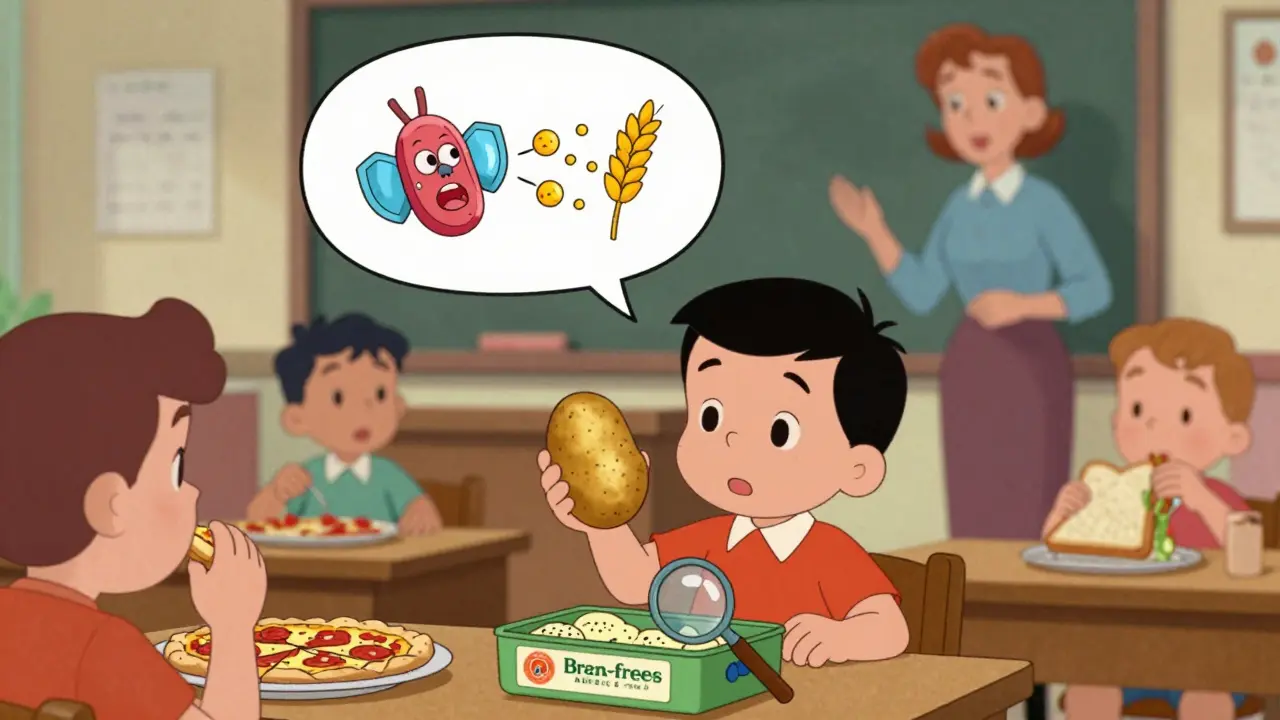 Child eating a potato at school while others eat pizza, with gluten particles attacking their body in a speech bubble.