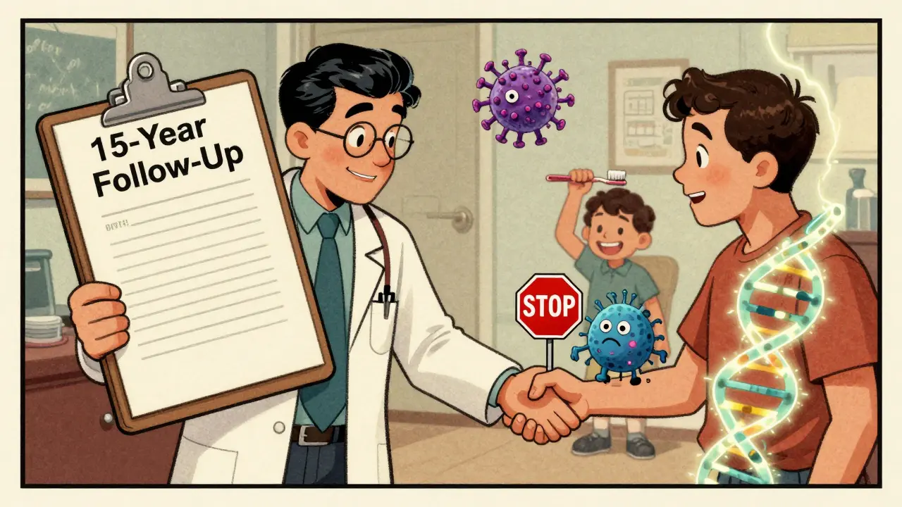 Doctor and patient with glowing DNA, immune system warning sign, and family exposed to therapy.