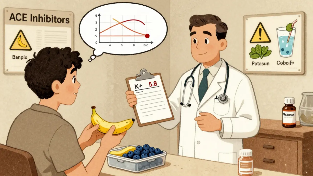 Doctor helps patient swap banana for blueberries while high-potassium foods are marked dangerous.