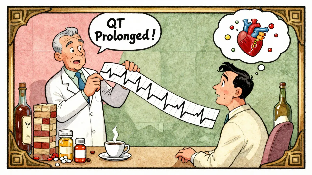 Doctor holding a jagged ECG strip while patient's heart loses electrolytes, surrounded by coffee and alcohol in retro comic style.