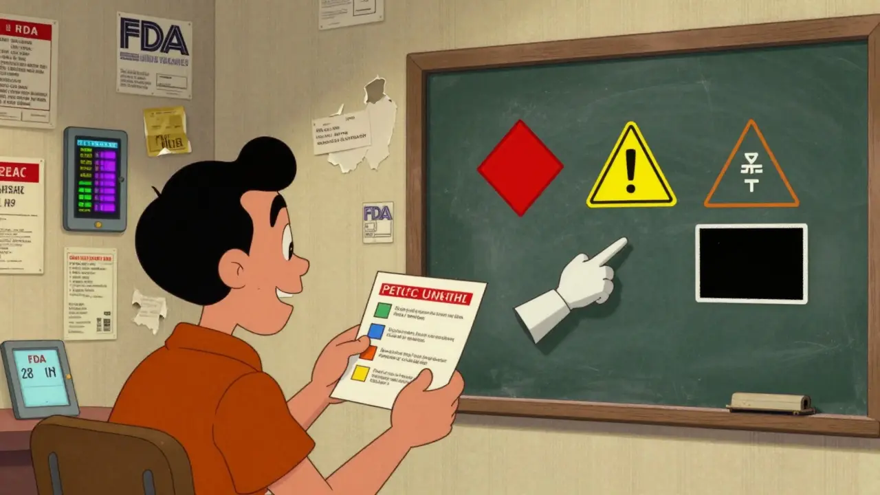 Doctor shows patient new color-coded warning icons while old labels peel off a chalkboard wall.