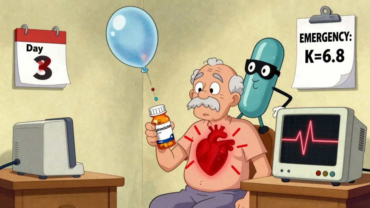 Elderly patient with spironolactone pill as Bactrim antibiotic pours dangerous potassium into their body, heart glowing red.