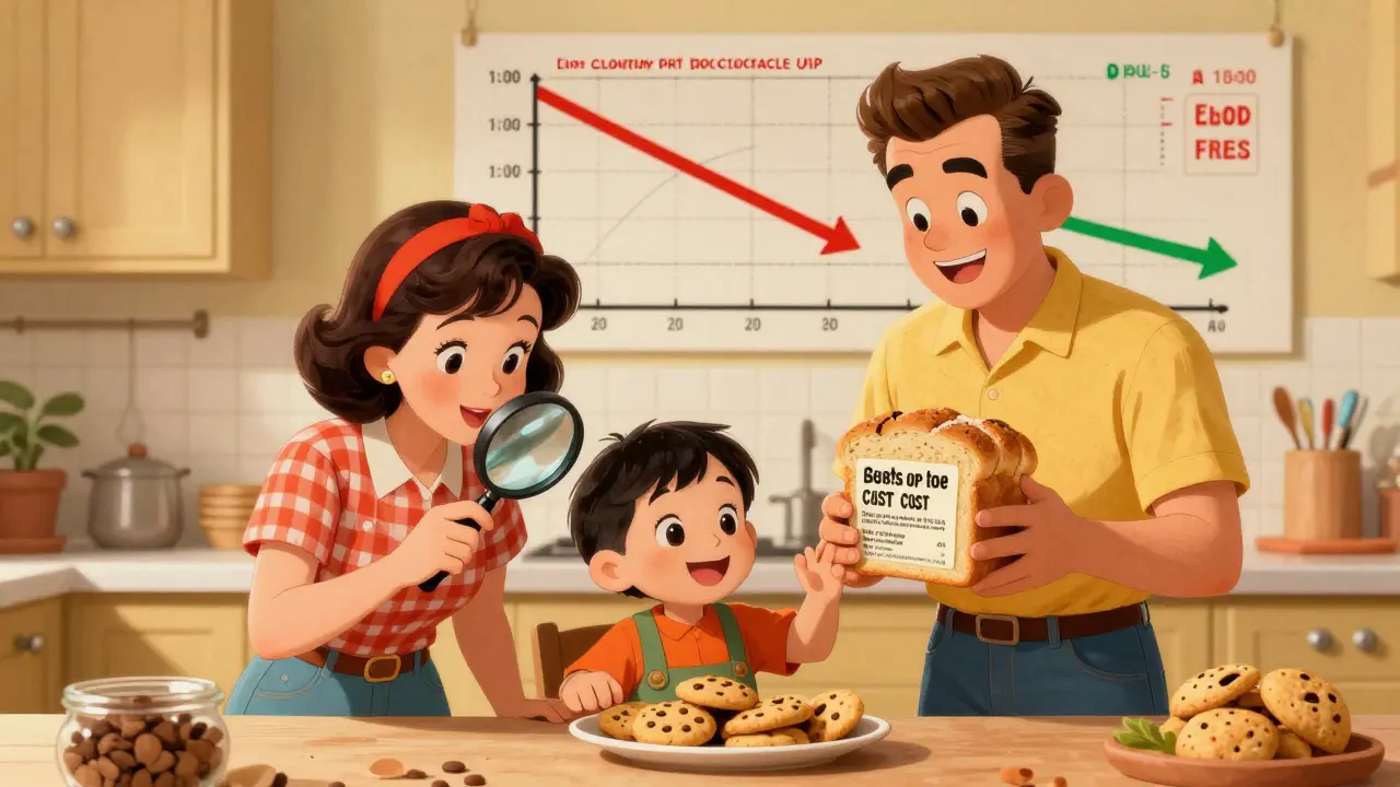 Family reading food labels in kitchen, gluten-free bread costs more, child smiles with cookie as growth chart improves.