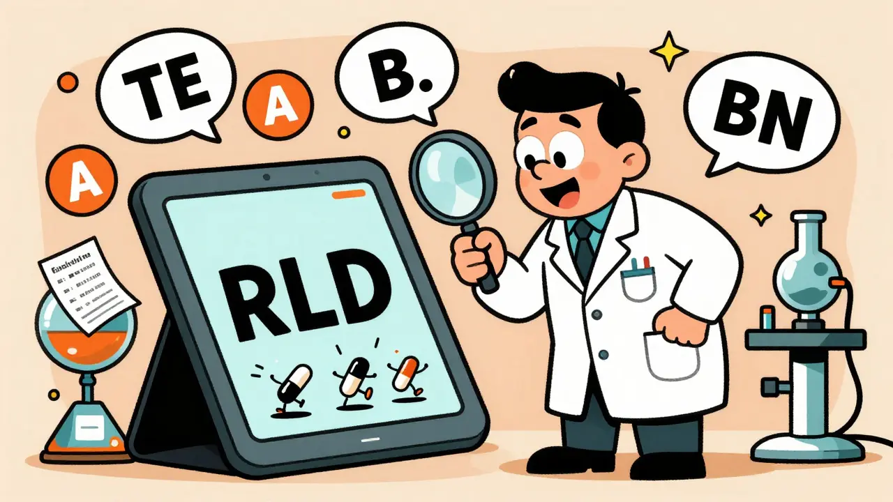 FDA scientist examines a brand-name tablet as generic versions leap out, surrounded by TE codes and patent documents.