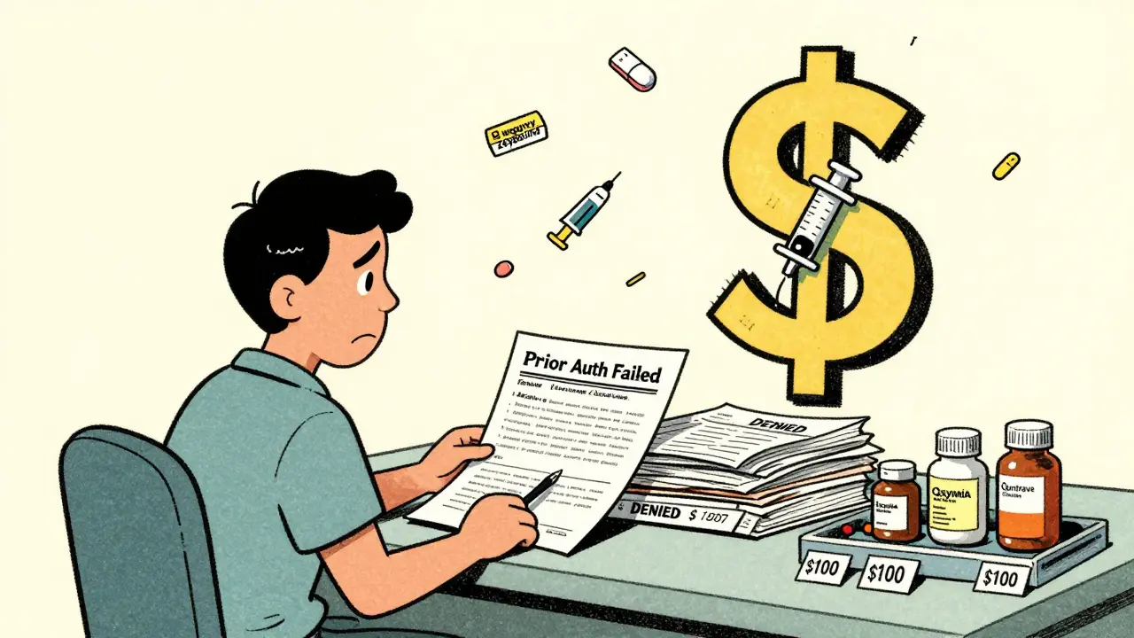 Frustrated patient surrounded by denied insurance forms and expensive syringes versus cheap pills.