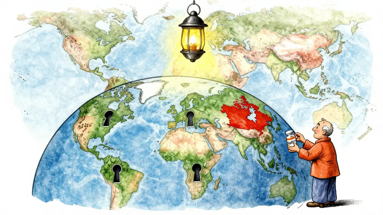 Globe with four keyholes, patient trying to fit pill into each, WHO lantern shining weakly over underrepresented regions.
