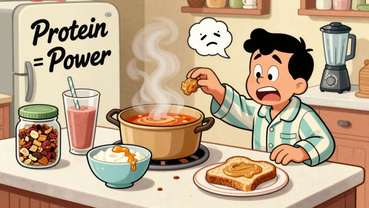 Kitchen counter with small, protein-rich meals and a patient avoiding steaming food.