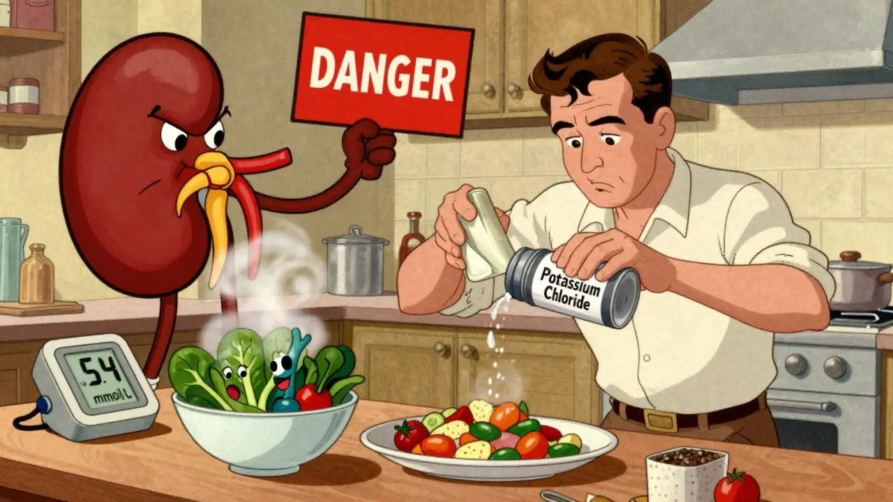Man using potassium salt substitute while a warning kidney blocks the action in vintage cartoon style.