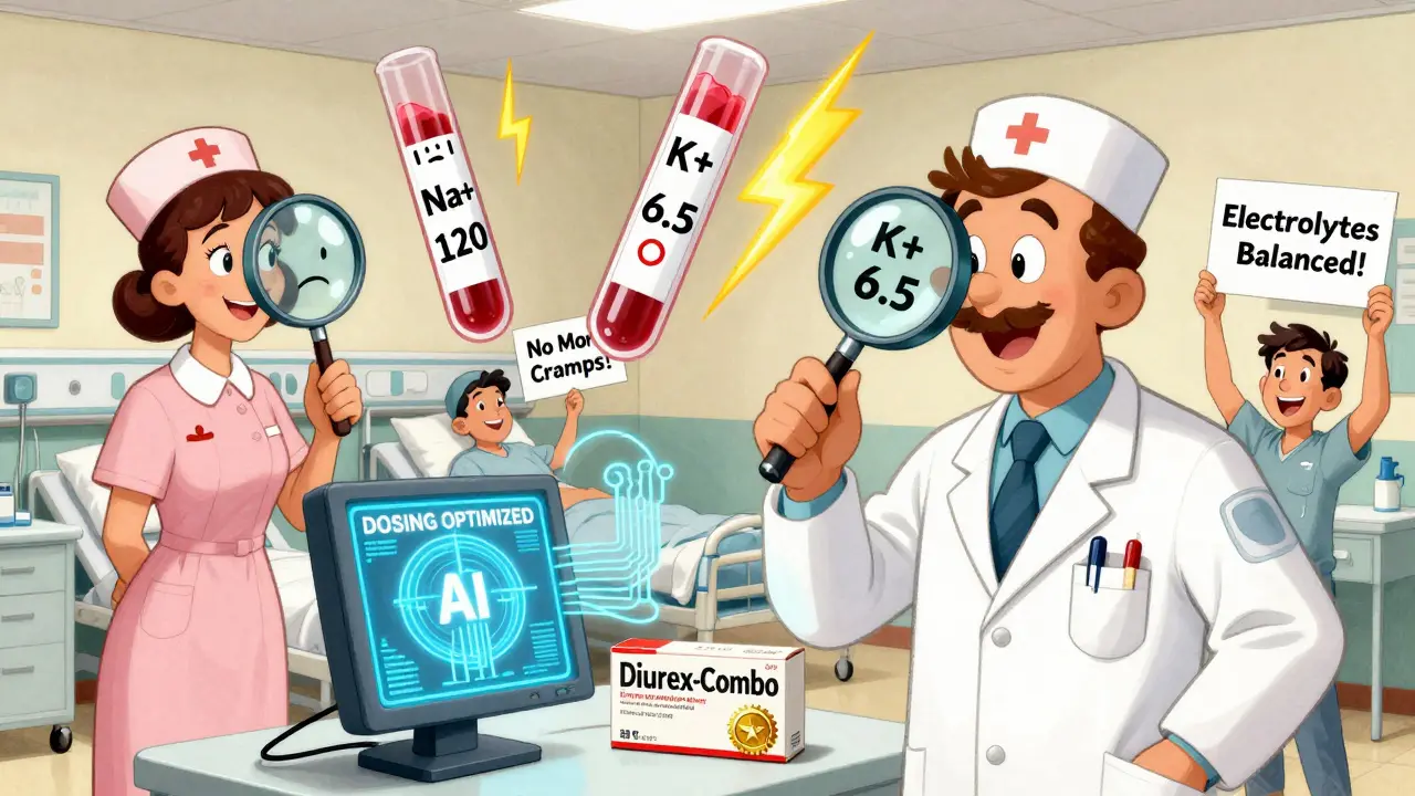 Nurses inspect floating blood test results in hospital, doctor holds new combo diuretic pill, AI circuits in background.