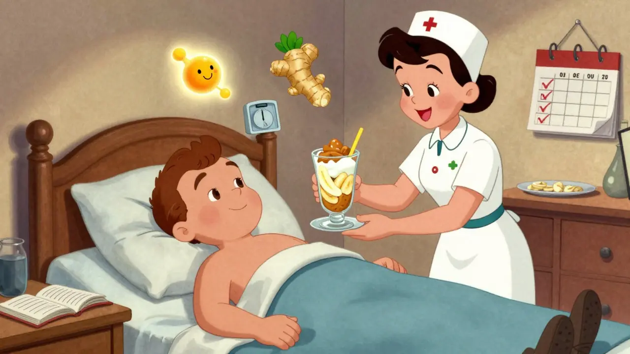 Patient in bed receiving a protein shake with floating nutritional icons above.