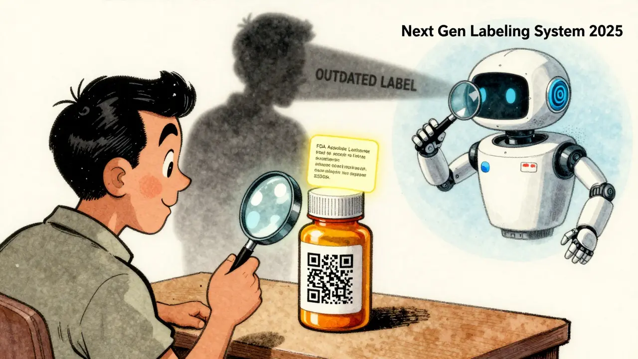 Patient scans QR code to view up-to-date FDA label while outdated label fades away.