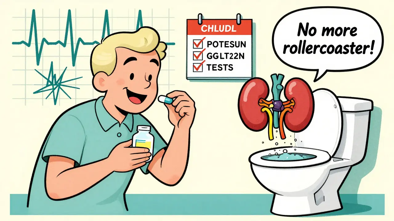 Patient taking SGLT2 inhibitor as kidney dumps sugar instead of potassium, with smooth ECG line.