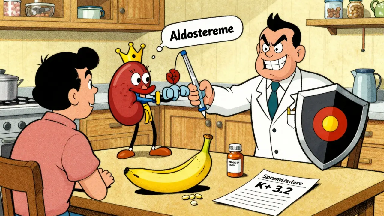 Patient with banana and potassium pills while a villainous aldosterone pulls potassium from kidney.