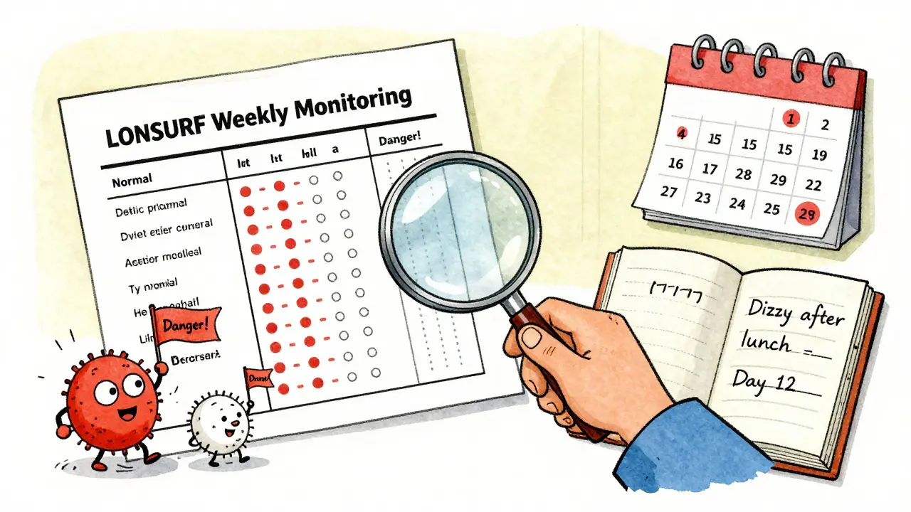 Person using a magnifying glass to examine a colorful blood test chart with cartoon cells and a sticker-covered monitoring calendar.