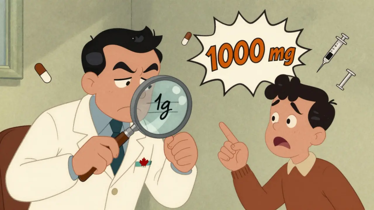 Pharmacist magnifying a handwritten '1g' prescription as dosage confusion looms, with exaggerated fear expressions.