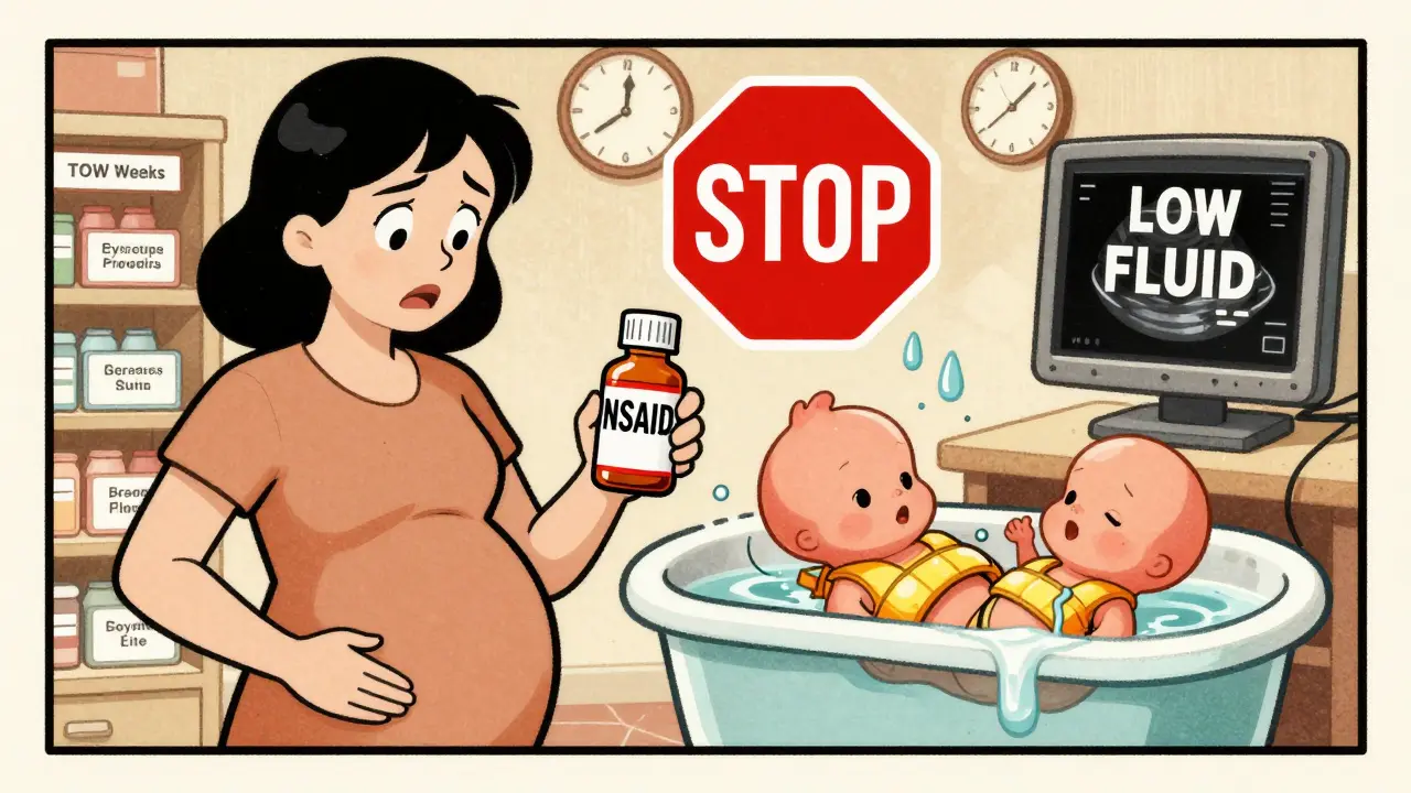 Pregnant woman holding an NSAID bottle with warning signs, fetal fluid draining in cartoon style.