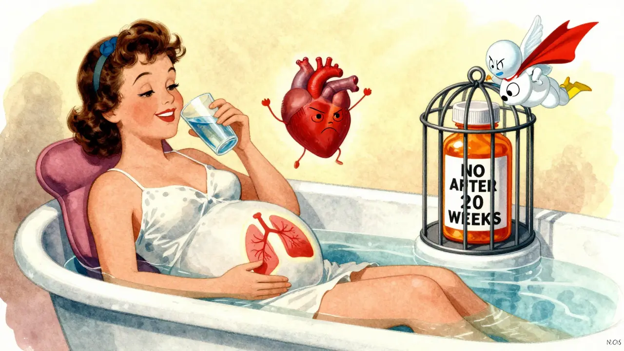 Pregnant woman in bath with safe acetaminophen icon and locked NSAID bottle, vintage cartoon.